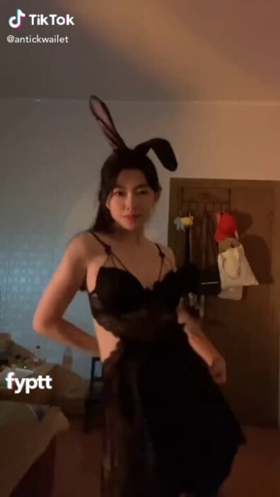 Bunny Asian girl stripping naked off her black nightgown on TikTok as she’s dancing to the music